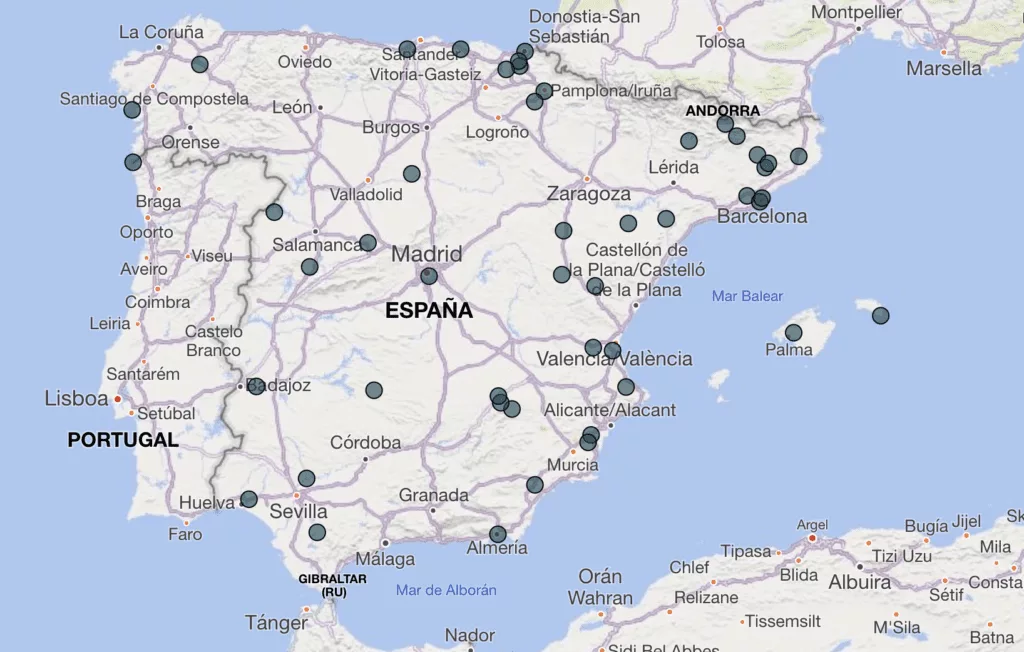 Mapa de comunidades energéticas en España que han recibido financiación pública