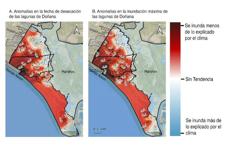 Mapa del Parque Nacional de Doñana mostrando las áreas con mayor deterioro de lagunas afectadas por anomalías distintas al clima (distancia a bombeos, extensión de cultivos, etc.).