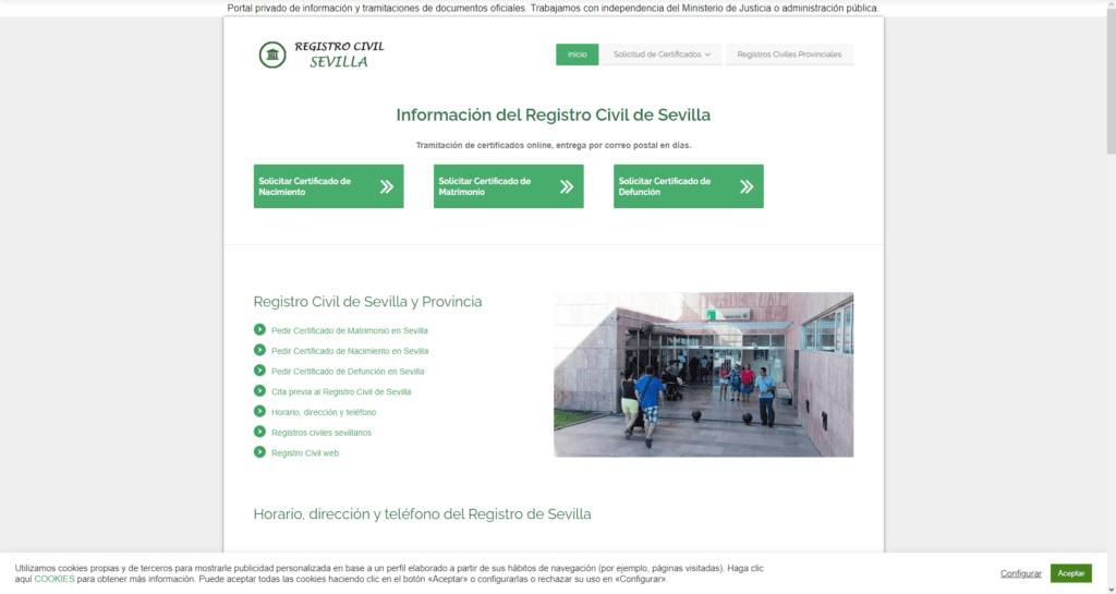 Captura de la portada del sitio registrocivilsevilla.com, uno de los portales denunciados por FACUA | TuPeriódico